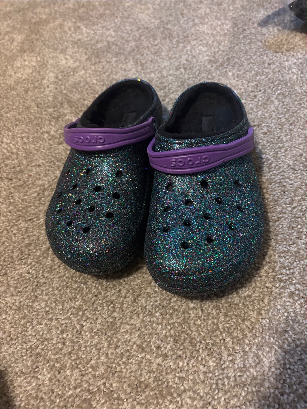 CROCS Kids Black Multicolor Glitter Clogs with Purple Strap